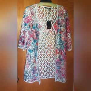 Women's Radzoli lace cover up jacket with colorful floral design. XL
